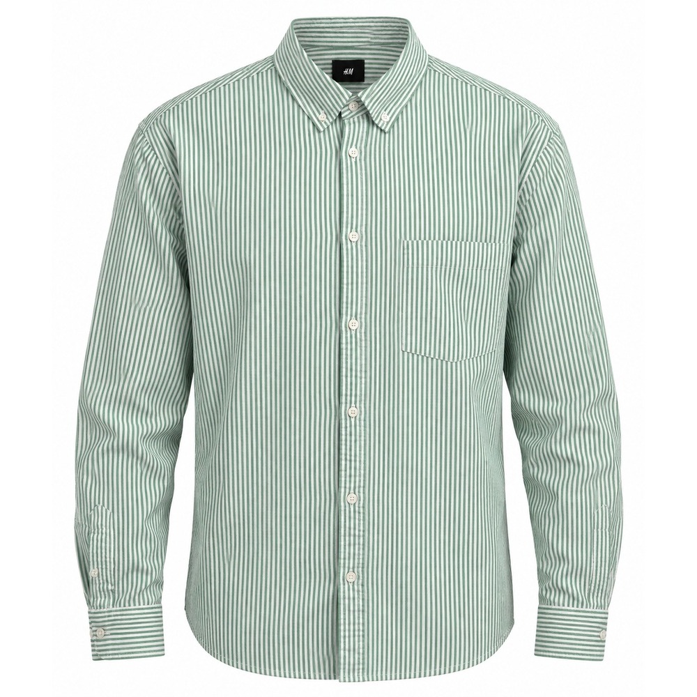HM Mens Regular Standard XL Green White Striped Cotton Button Down Shirt NEW